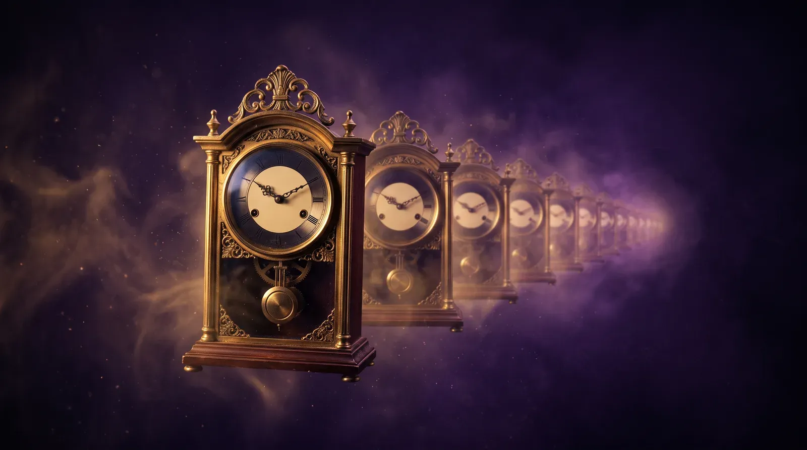 Un mismo reloj antiguo repetido en un eco que se aleja entre bruma violeta, imagen de la repetición insistente