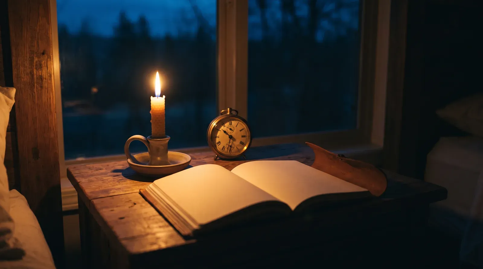 Vela encendida, cuaderno abierto y reloj de mesa antiguo junto a una ventana de noche, ritual de calma