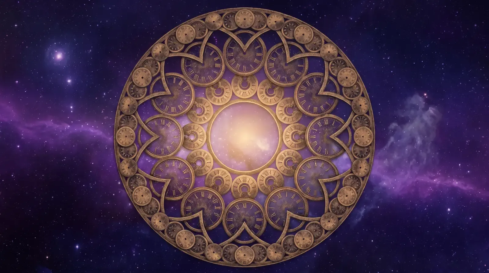 Mandala circular formado por muchas esferas de reloj antiguas doradas sobre un cielo cósmico violeta