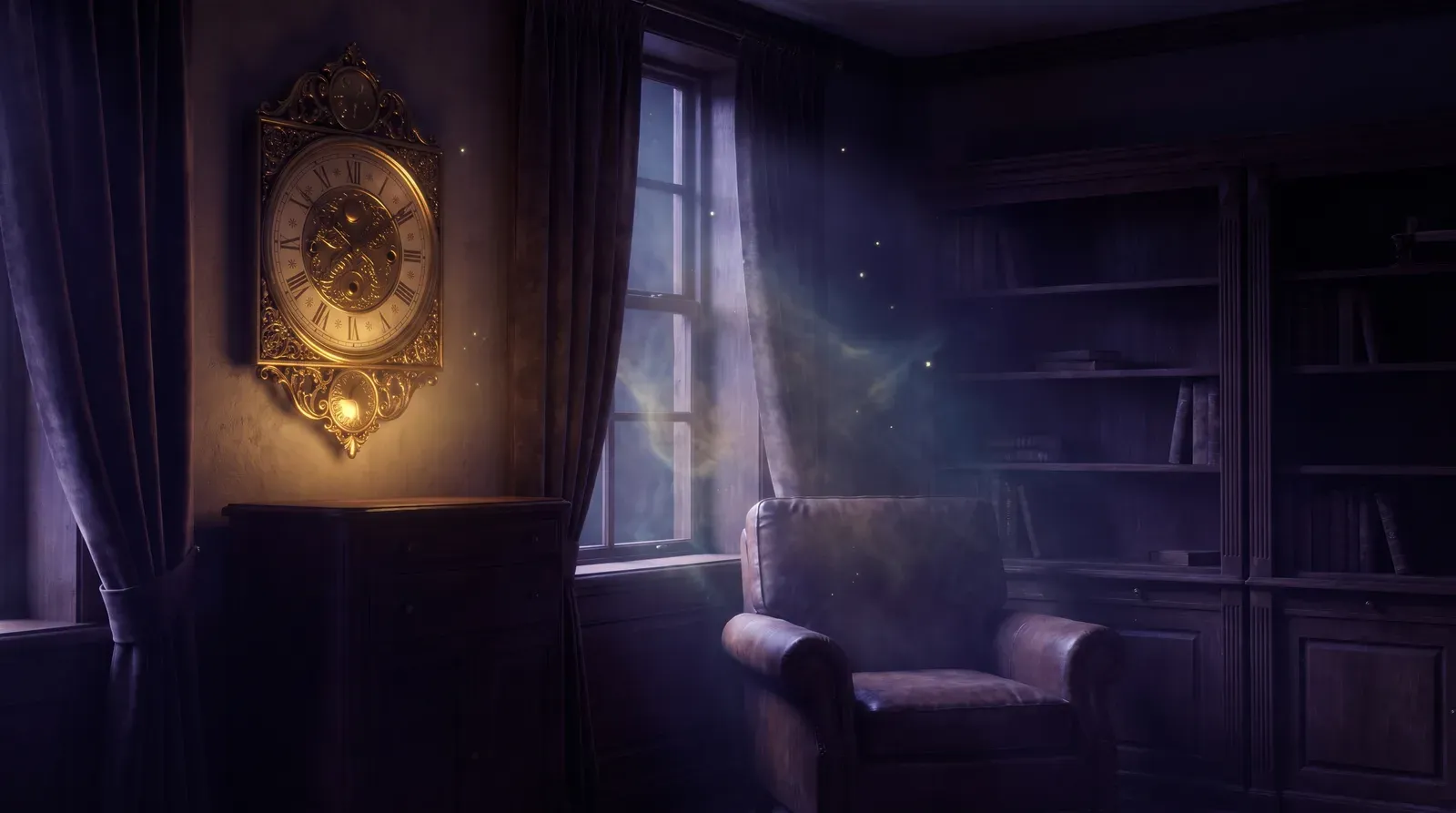 Reloj antiguo de pared iluminado en penumbra, con luz dorada y bruma violeta, momento de reparar en la hora