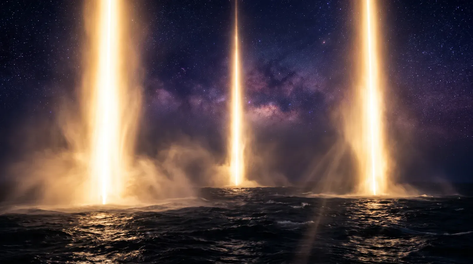 Tres columnas de luz dorada elevándose desde aguas oscuras hacia un cielo cósmico violeta