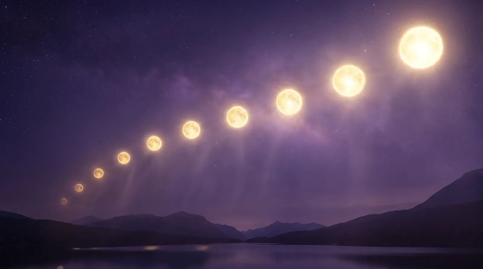Nueve esferas doradas de luz dispuestas en arco ascendente sobre un cielo violeta estrellado