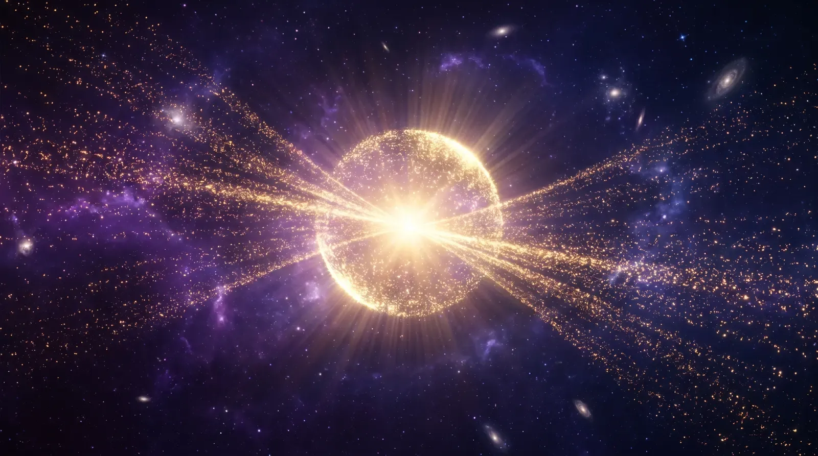 Miles de partículas doradas convergiendo desde todas direcciones en una única esfera de luz sobre fondo violeta